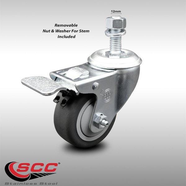 3.5 Inch SS Thermoplastic Rubber 12mm Threaded Stem Caster Total Lock Brake